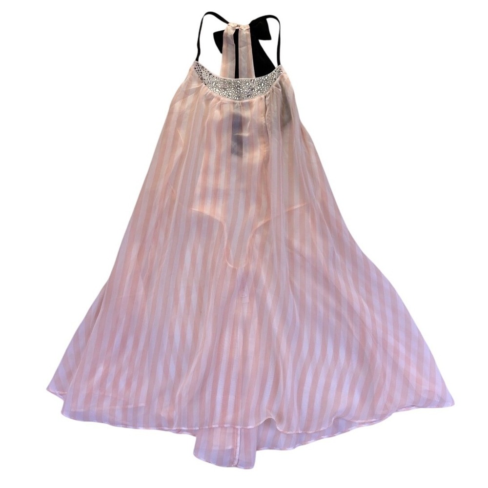 Victorias Secret Pink Striped Rhinestone Bow Babydoll Chemise Lingerie M Sheer